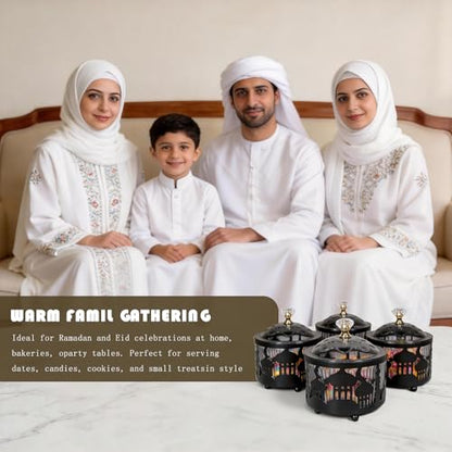 Ramadan Serving Trays, Ramadan Trays with Lid Metal Eid Mubarak Tray, Mini Cake Candy Tray Reusable Dessert Tray Round Food Storage Organizer for Eid Party Activity - color: Black
