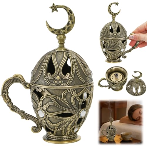 Frankincense Resin Incense Burner, Metal Charcoal Incense Censer with Handle, Vintage Bakhoor Herb Burner, Cone Coil Holder for Yoga Spa Aromatherapy Meditation, Decor for Home Office, Bronze