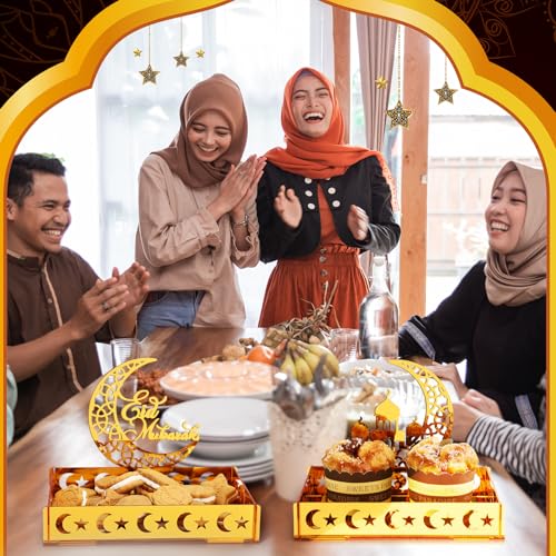 DoubleFill 3 Sets Ramadan Serving Tray Gold Eid Mubarak Holder Al-fitr Home Decoration for Moon Star Tray Gold Container for Home Islamic Muslim Party Tableware Kitchen Dessert Food Storage(Novetly) - style: Novetly