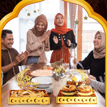 DoubleFill 3 Sets Ramadan Serving Tray Gold Eid Mubarak Holder Al-fitr Home Decoration for Moon Star Tray Gold Container for Home Islamic Muslim Party Tableware Kitchen Dessert Food Storage(Novetly) - style: Novetly