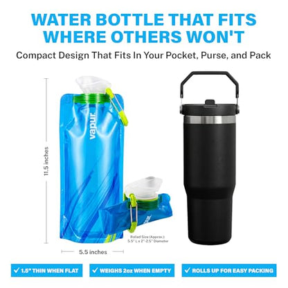 Vapur Collapsible Water Bottle with Carabiner - 34oz (1L), Water Blue - Flexible and Lightweight Water Bottle for Travel, Concert, Hiking, and Outdoor Adventures - BPA-Free, Dishwasher-Safe, Freezable - color: Water