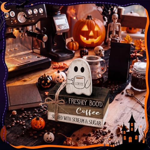 4 Pcs Halloween Table Decorations Halloween Ghost Tiered Tray Decorations Rustic Mini Ghost Coffee Wooden Books Bolck Signs Centerpiece for Farmhouse Office Shelf Tabletop Office Bookshelf - style: Halloween