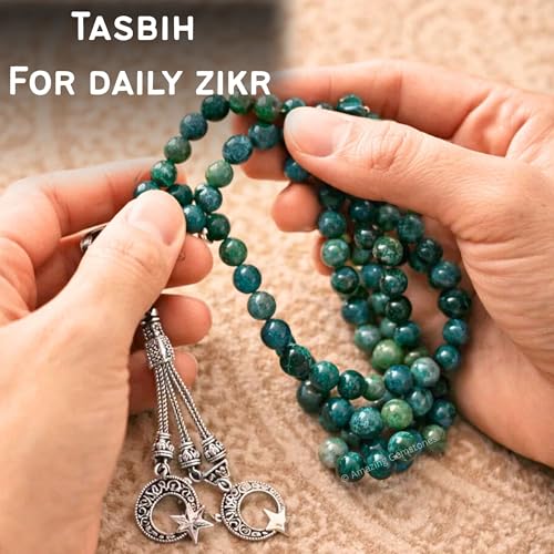 Amazing Gemstone Moss Agate Tasbeeh with Moon and Star Charm - Certified Crystal Muslim Prayer Beads Natural Gemstone Tasbih Gift for Ramadan Dhikr and Daily Namaz (S) - color: Moss Agate
