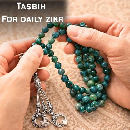 Amazing Gemstone Moss Agate Tasbeeh with Moon and Star Charm - Certified Crystal Muslim Prayer Beads Natural Gemstone Tasbih Gift for Ramadan Dhikr and Daily Namaz (S) - color: Moss Agate