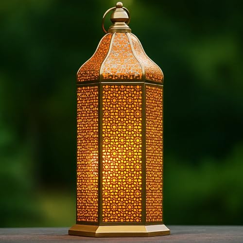VELA LANTERNS 16" Champagne Gold Moroccan Decorative Candle Lantern – Metal Hexagon Lantern for Table or Hanging, Ramadan Turkish Islamic Decor, Wedding Centerpiece, Indoor Home Patio Lighting