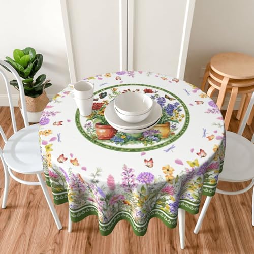 Flower Butterfly Tablecloth Spring Round Table Cover Washable Table Cloth for Home Kitchen Party Picnic 60 Inch - color: Spring Flower Butterfly