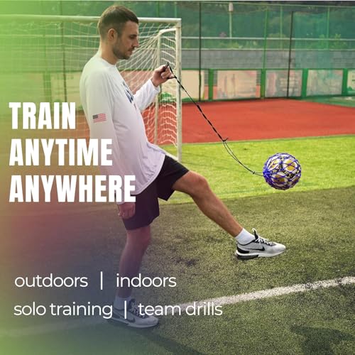 PodiuMax Handle Solo Soccer Kick Trainer with New Ball Locked Net Design, Soccer Ball Bungee Elastic Training Juggling Net (Fits Ball Size 3, 4, 5) - color: Blue