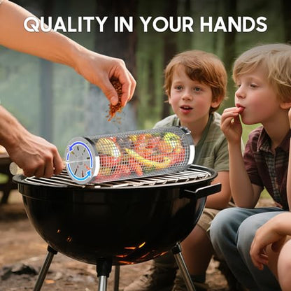 Rolling Grill Basket, Removable Wooden Handle, 304 Stainless Steel, Nesting Grilling Net, BBQ Accessories Tool for Vegetable Shrimp, Outdoor Cooking Camping, Christmas Birthday Gifts for Men Dad Husband