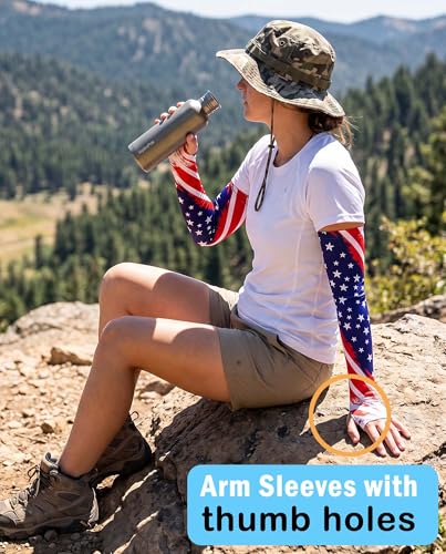 Aueyan Arm Sleeves for Men Women,Cooling Sleeves with Thumb Holes,Funny Sun Protection Arms Cover with Print Pattern - color: American Flag