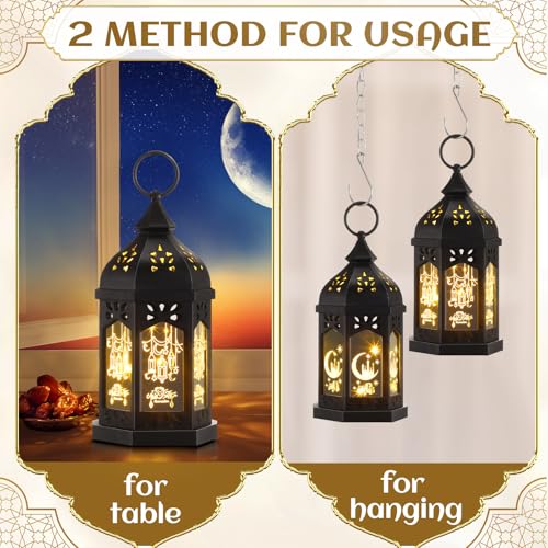Retisee 2피스 17.8cm(7인치) 라마단 대형 이드 무바라크 랜턴 문 스타 벽걸이 LED 랜턴 홈 파티오 테이블 웨딩 센터피스 축제 장식용 (2가지 스타일, 블랙) - color: 블랙., size: 2 Styles