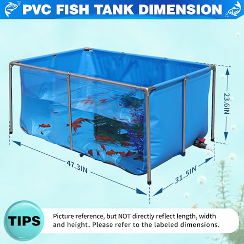 PVC KOI Aquarium Tank, Temporary Fish Tank with Clear Viewing Panel, KOI/Goldfish Pond with 304SS Frame & Drain Valve(47.3" L*31.5" W*23.6" H, About 135Gal Water Capacity) - size: 47 Inch