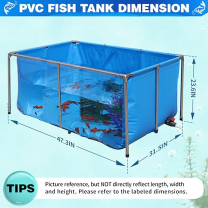 PVC KOI Aquarium Tank, Temporary Fish Tank with Clear Viewing Panel, KOI/Goldfish Pond with 304SS Frame & Drain Valve(47.3" L*31.5" W*23.6" H, About 135Gal Water Capacity) - size: 47 Inch