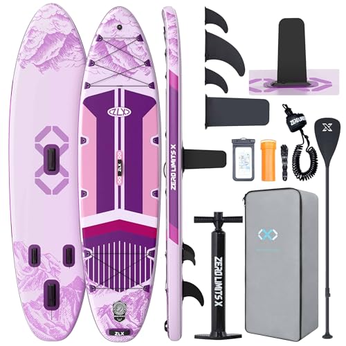 ZLX 11'6"x35" Ultra Wide Inflatable Stand Up Paddle Board | Stable Non-Slip Deck Pad, Unique Fin System, Premium SUP Accessories & Backpack - Upgraded Pump for Adults, All Skill Levels - color: Light Purple