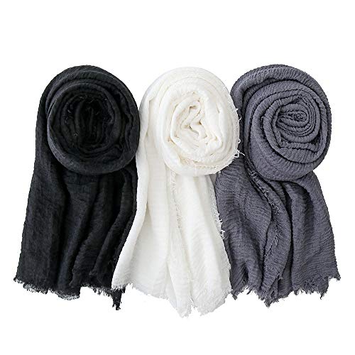 EVQ Soft Cotton Hemp Scarf Wrap Long Hijab Scarves for Women - color: Black+white+dark Gray
