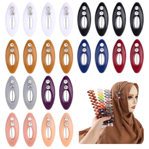 24Pcs 2 Sets Scarf Safety Pins Colorful Hijab Pins Oval Plastic Hijab Clip with Crystal Rhinestone Fashion Non-Slip Scarf Clips Brooches and Pin Locking Design for Scarves Clothes Women