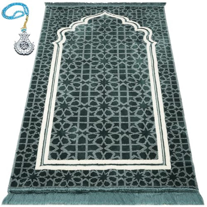 Modefa Muslim Prayer Rug - Large Plush Velvet - Andalus Teal Blue | For Islamic prayers, salah. For men or women; thick plush soft praying mat - color: Blue