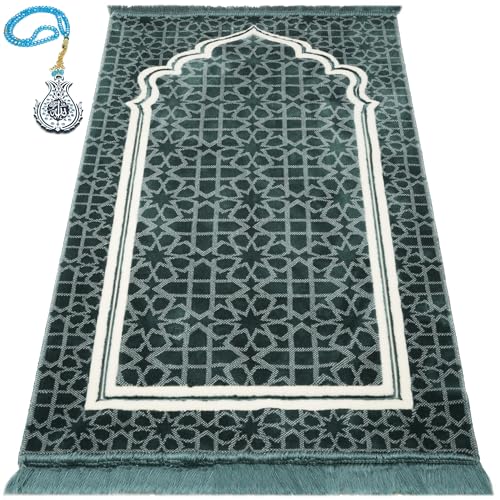 Modefa Muslim Prayer Rug - Large Plush Velvet - Andalus Teal Blue | For Islamic prayers, salah. For men or women; thick plush soft praying mat - color: Blue