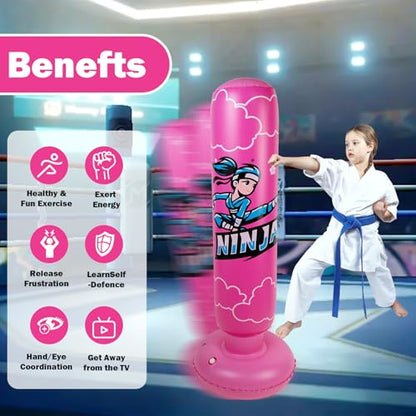 Onirii 66 Inch Kids Inflatable Punching Bag | Large Stable Kids Inflatable Boxing Bag Toy Set with Gloves for Boys & Girls Age 3-12 for Taekwondo,MMA and Practicing Karate - color: Ninja Pink