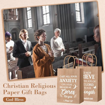 Chiisong 100 Pcs Christian Gift Bags, Fathers Day Religious Bible Verse Treat Bags with Handles Inspirational Church Scripture Bag for Women Wedding Baptism Birthday Party Favor(Kraft with White) - color: Kraft with White