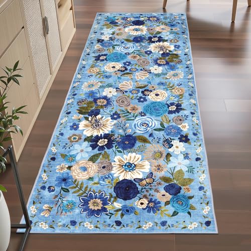 Blue Floral Hallway Runner Rug 2x6 for Bedroom Kitchen - color: Blue, size: 2' x 6' (Rectangular)