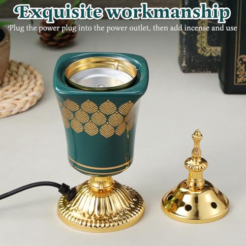 VOSAREA Electric Incense Burner, Arabian Style Electric Bakhoor Burner, 7.66 in Ceramic Censer for Home, Office, Yoga, Tea Room Tabletop Decor (Green, US Plug)