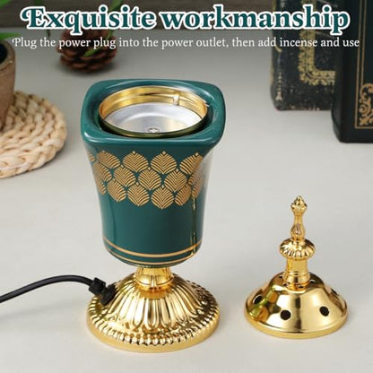 VOSAREA Electric Incense Burner, Arabian Style Electric Bakhoor Burner, 7.66 in Ceramic Censer for Home, Office, Yoga, Tea Room Tabletop Decor (Green, US Plug)
