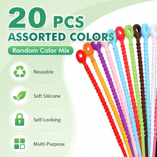 20 Pack 8.5 Inch Cable Ties Silicone Clips Rubber Twist Cord Household Snake Organizer Strap