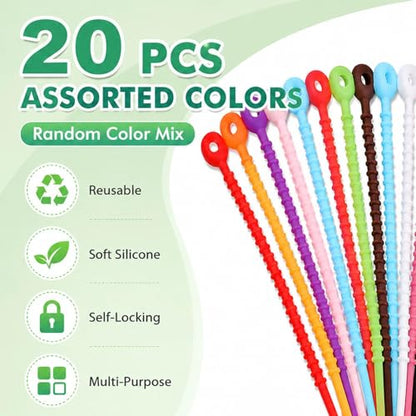 20 Pack 8.5 Inch Cable Ties Silicone Clips Rubber Twist Cord Household Snake Organizer Strap