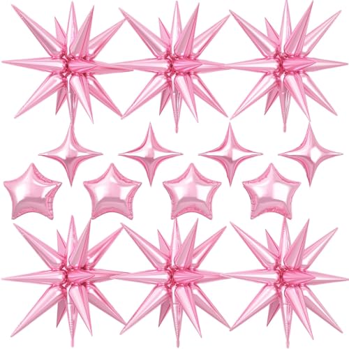 14PCS Pink Star Balloons, 22 Inch Explosion Stars & 10 Inch Foil Balloons - color: Pink
