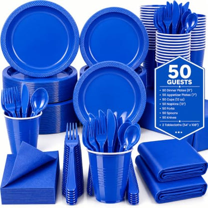 Tinybee 352 Pcs Blue Plastic Plates, Disposable Dinnerware Set for 50 - color: Dark Blue