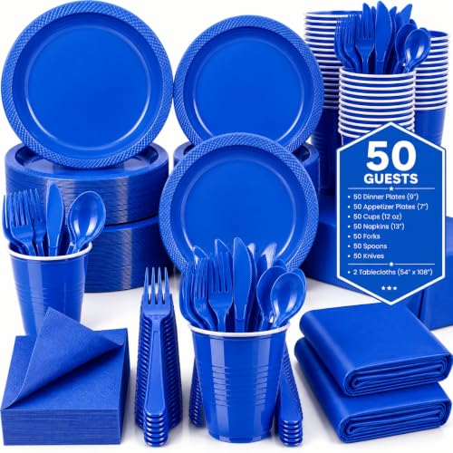 Tinybee 352 Pcs Blue Plastic Plates, Disposable Dinnerware Set for 50 - color: Dark Blue