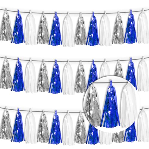 3P Navy Blue White Silver Tassel Banner Garland Metallic Foil Fringe Banner Tinsel Tassels Streamer Banner Backdrop for Parade Floats, 2025 Graduation Decorations, Retirement Party Decorations - color: Navy Blue White Silver