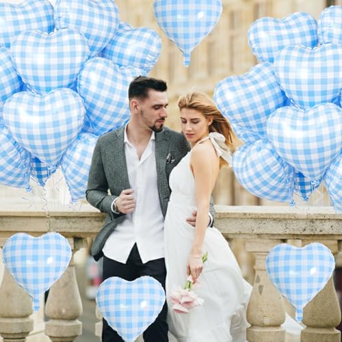Blue Grid Heart Balloons, 10PCS Light Blue Foil for Boys Birthday Party - color: Blue Grid