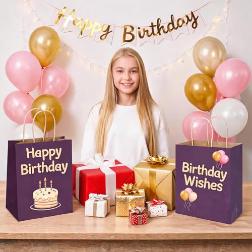 bagmad 100 Pack 8x4.75x10 Inch Plain Medium Paper Bags with Handles Bulk, Kraft Craft Gift Bags, Grocery Shopping Retail Birthday Party Favors Wedding Sacks (Purple) - color: Purple