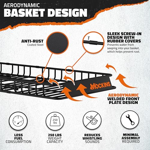 Mockins 50"x36"x4.5" Extendable Car & SUV Rooftop Cargo Carrier 250Lbs Cap | Heavy Duty Roof Rack Basket | Car Topper Luggage Carrier Waterproof & All-Weather Steel Set with Ratchet Straps & Cargo Net - size: Basket: 50"x36"x4.5"