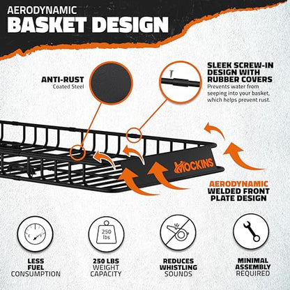 Mockins 50"x36"x4.5" Extendable Car & SUV Rooftop Cargo Carrier 250Lbs Cap | Heavy Duty Roof Rack Basket | Car Topper Luggage Carrier Waterproof & All-Weather Steel Set with Ratchet Straps & Cargo Net - size: Basket: 50"x36"x4.5"