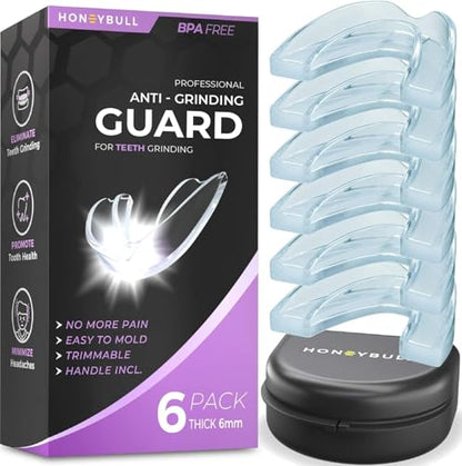 HONEYBULL Anti Grinding Night Guards, Custom Moldable Guards, 6 Pack Thick | BPA-free material, thicker profile for heavier grinding, overnight comfort, storage case included - size: Thick