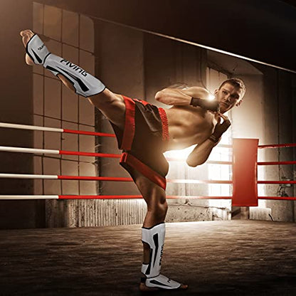 MMA Martial Arts Shin Guards – Padded, Adjustable Muay Thai Leg Guards with Instep Protection for Kickboxing/MMA Training and Sparring – Durable, Professional MMA Equipment - color: White, size: Small