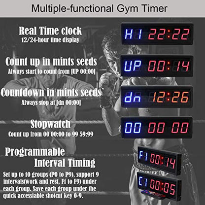 Large Workout Clock for Home Gym, 15" Wall Mount Gym Timer Clock with Remote, (2.3-inch Digits, Blue+Red)