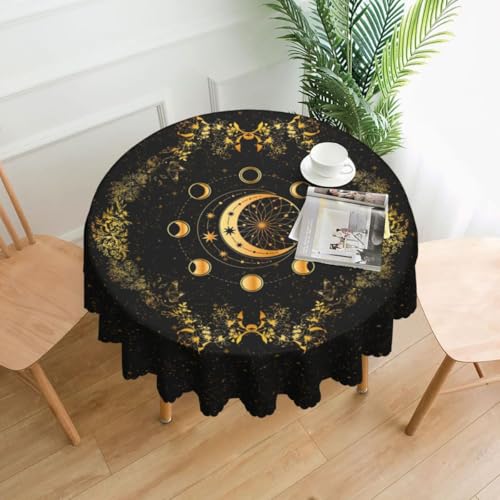 Moon Floral Tablecloth Round, Boho Moon Phase Astrology Mystical Gothic Flower Stars Witchy Water Resisitant Wipeable Table Cover for Dining Kitchen Living Room Home Party Holiday Decor 36 inch Round - color: Tc-boho Flower03, size: 36" (Round)
