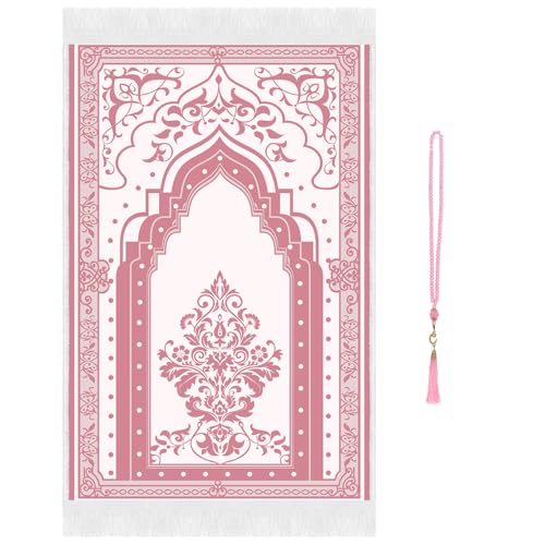 Prayer Mat Rug Ramadan Gifts - Thick Pink Muslim Prayer Rug Islamic Praying Tasbih Beads, Islamic Praying Carpet for Women Eid Salah Namaz Meditation Decorations for Home - color: White and Pink