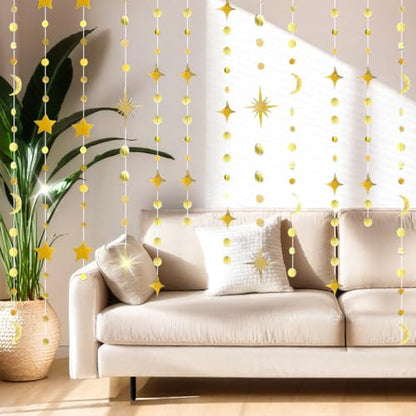 92FT Gold Moon Star Garland, Sparkly Crescent Moon & Star Hanging Decor for Ramadan Eid Mubarak, Birthday Party Supplies, Wedding Baby Shower Decorations, Photo Booth Props - size: 92 Gold Star