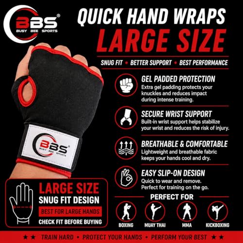 Busy Bee Sports Quick Hand Wraps for Boxing & MMA, Large Size (Snug Fit) – Gel Padded Inner Gloves with Wrist Support, Easy Slip-On Wraps for Men & Women, Breathable for Muay Thai & Kickboxing | Gel Padded Protection Snug Fit Design (Large) Breathable Mat