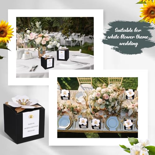 Affrolling 50 Pcs Wedding Favor Boxes with Thanks Card Square Flower Candy Boxes Paper Bridal Gift Box for Guests Wedding Bridal Shower Birthday Party Anniversary(Black) - color: Black