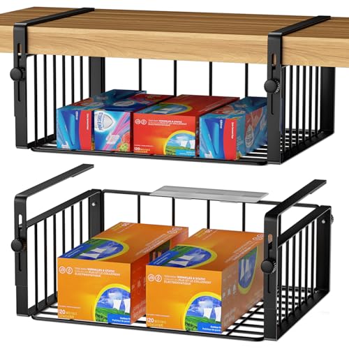 AmonHouseware 2Pack Under Shelf Storage Basket Organizer, Black | Adjustable Hanging,Under Cabinet Add-on, Slide-in Baskets, for Laundry Room Kitchen Pantry Desk Bookshelf Counter Cupboard - color: Black