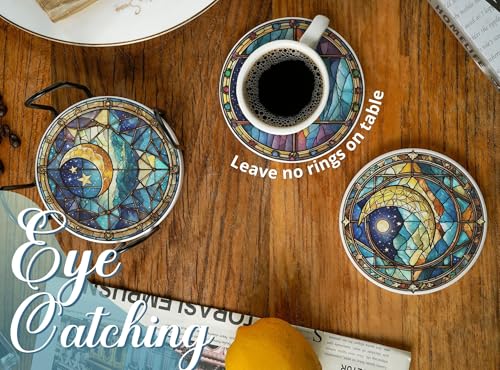 Moon Coaster, Ceramic, Set of 6, with Gift Box, Absorbent with Cork Base, Stain Glass Stlye Gifts for Moon Lovers, Home Decor for Housewarming, Thanksgiving, Birthday, Christmas