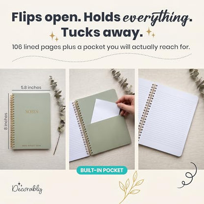 Decorably 2 Pack Gold Foil 5.8x8in Aesthetic Journaling Notebooks for Work | Spiral Bound with 106 Lined Pages Journal for Men & Women, with Back Pocket for Bible Study, High School, College, Work, Home