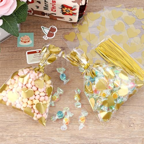 COQOFA 100 Pcs 5x7 IN Gold Heart Cello Cellophane Gift Bags for Baby Shower, Valentine, Wedding, Birthday with Twist Ties - color: Gold Heart, size: 5x7 in