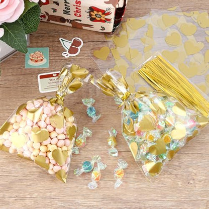 COQOFA 100 Pcs 5x7 IN Gold Heart Cello Cellophane Gift Bags for Baby Shower, Valentine, Wedding, Birthday with Twist Ties - color: Gold Heart, size: 5x7 in