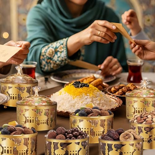 Pinkunn 6팩 라마단 서빙 트레이, 뚜껑 포함, 골드 이드 무바라크 트레이 접시 라마단 홈 데코 문 스타 캔디 접시 디저트 보관 정리함, Iftar 이슬람 무슬림 파티용 8.9cm(3.5인치)(클래식) - style: 클래식